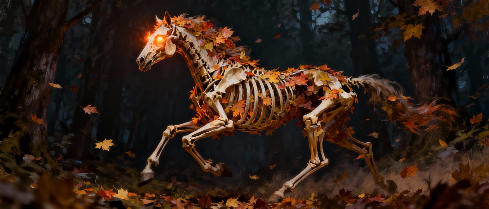 Skeletal Horse Gallops Through Autumn Forest with Fiery Eyes