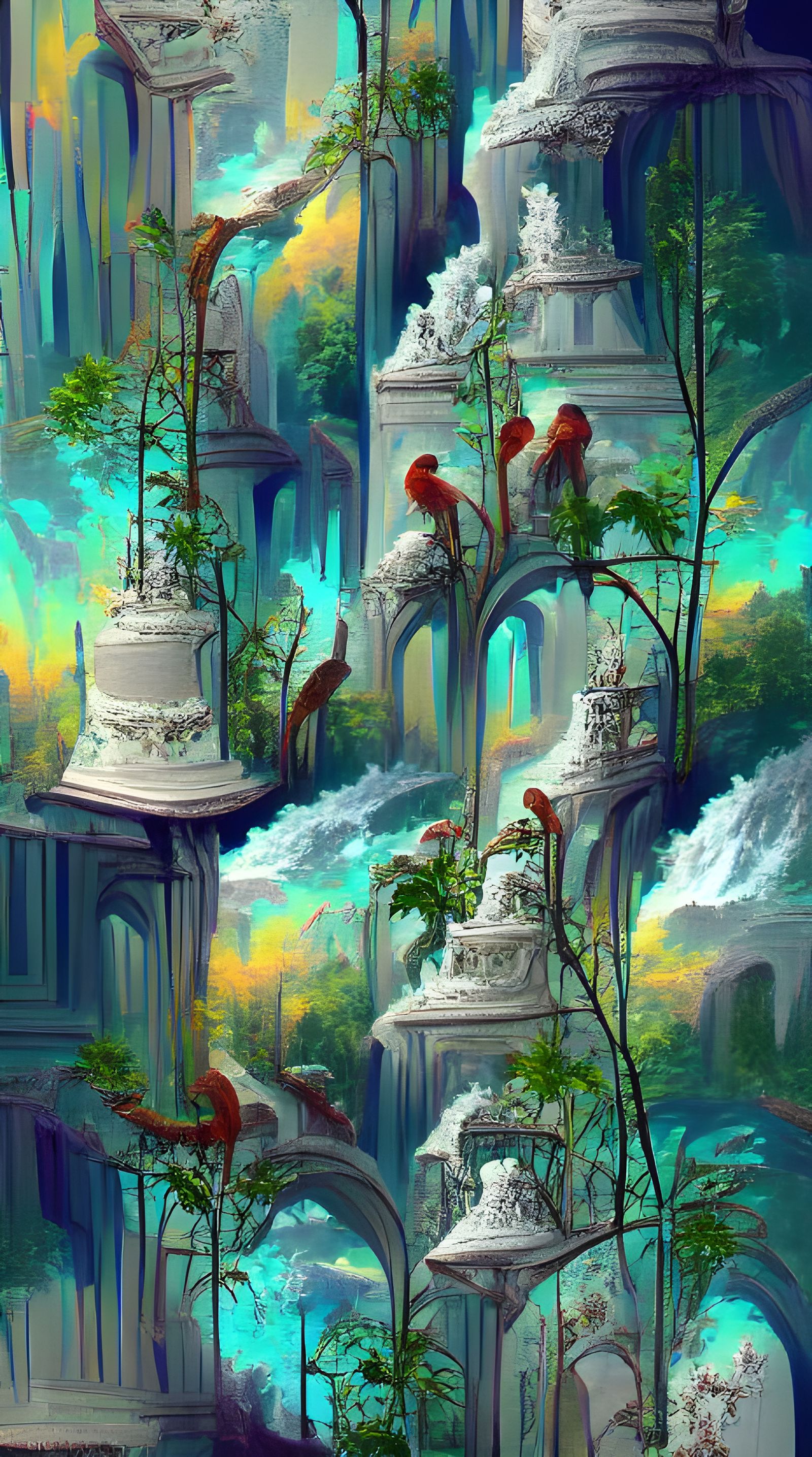 Celestial Jungle Ruins with Cardinals, Matte Painting