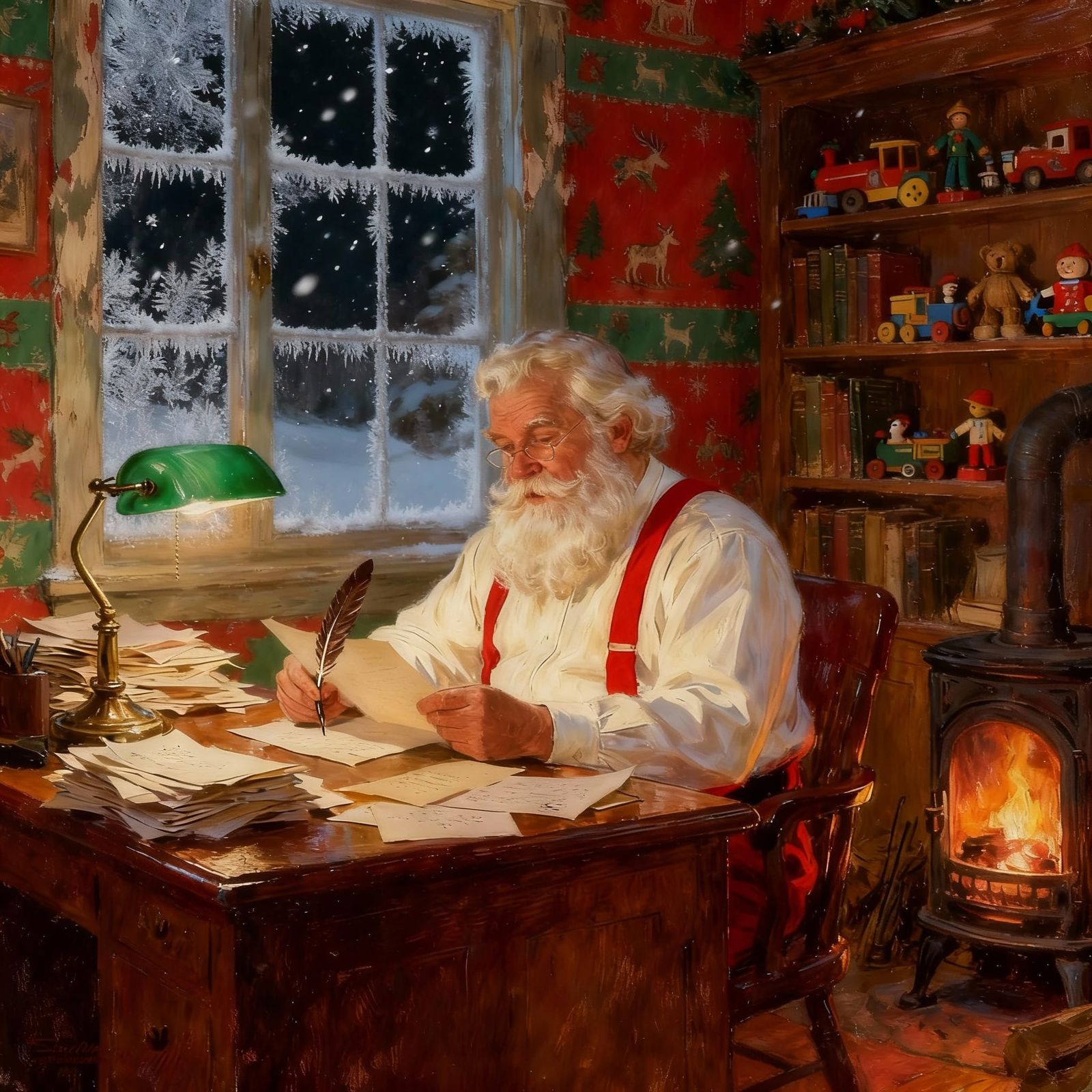 Santa Reading Letters in Warm, Detailed Study