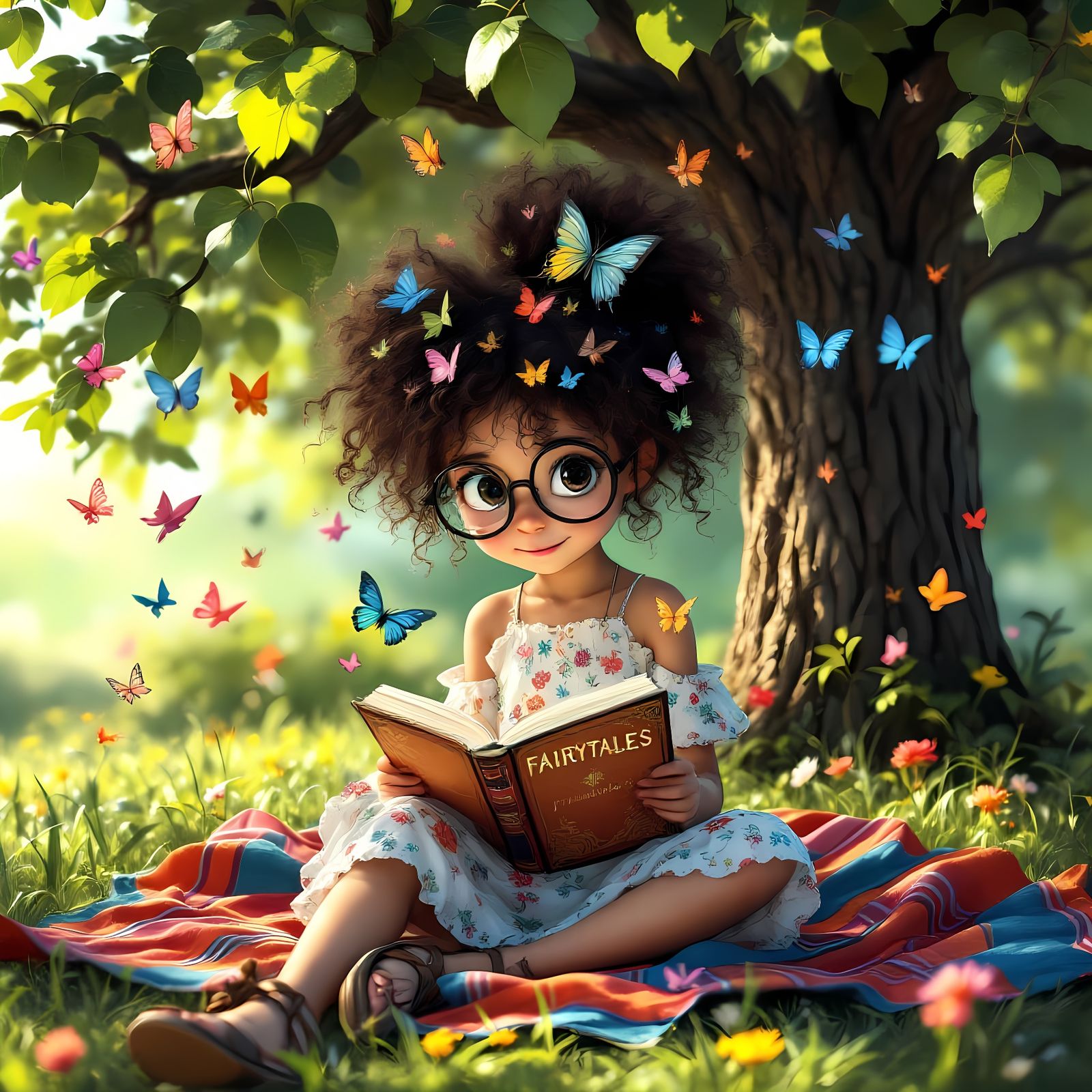 Whimsical Girl Reads Under a Tree in a Vibrant Cosmic Landsc...