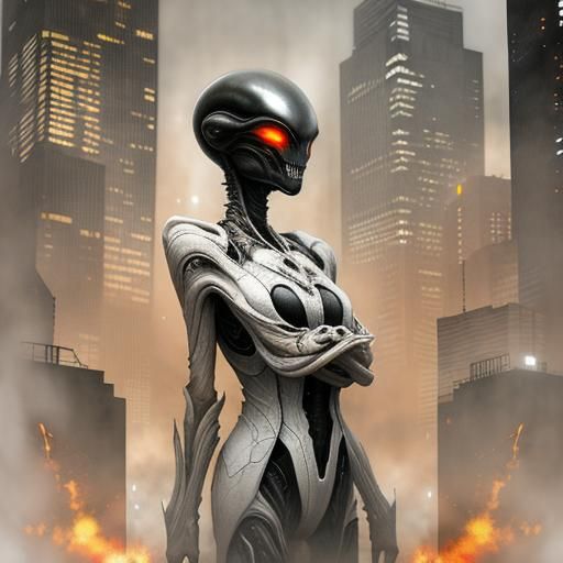 Surreal Alien Double Exposure in Dystopian Cityscape