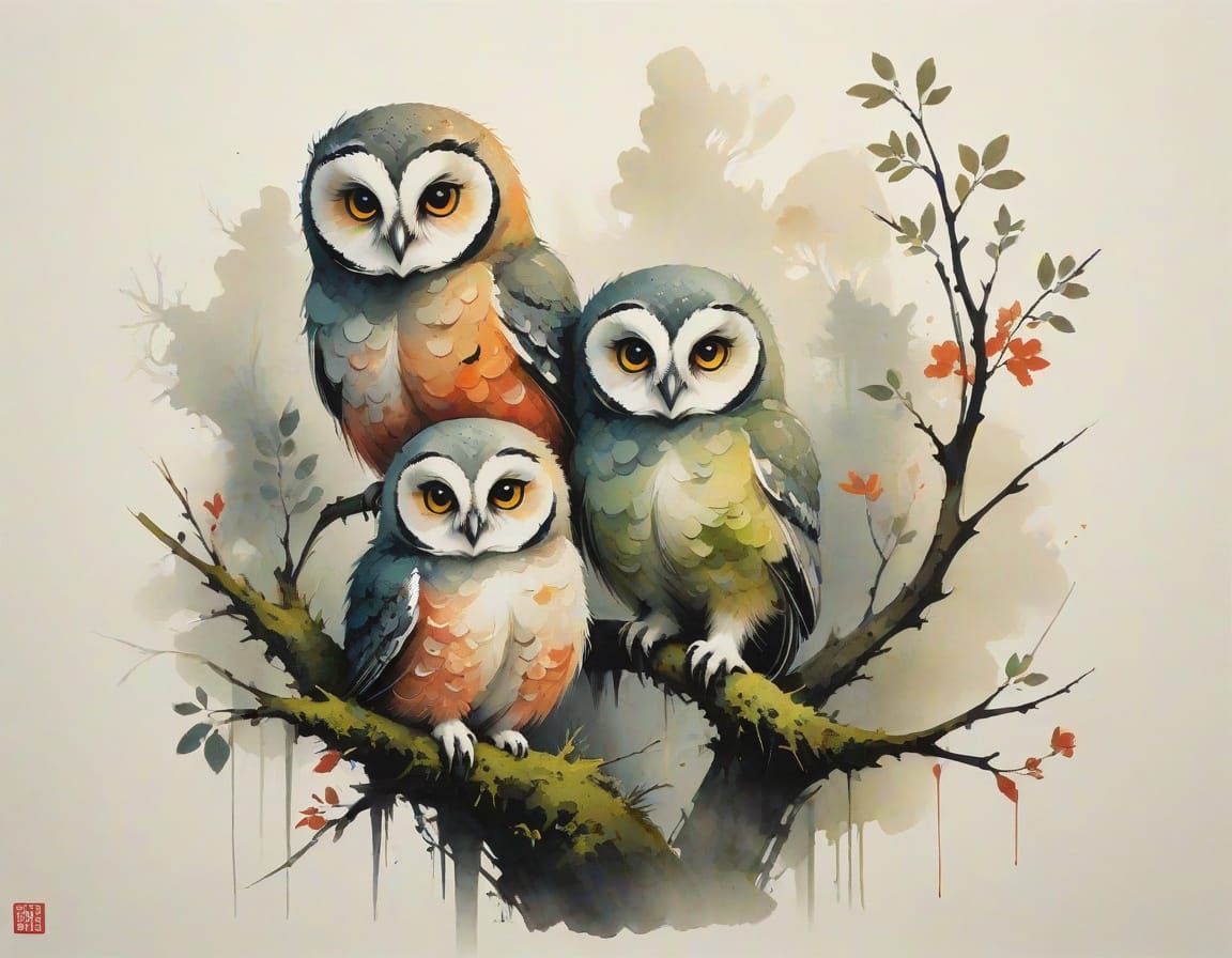 Adorable Owlets in Ink Wash Painting