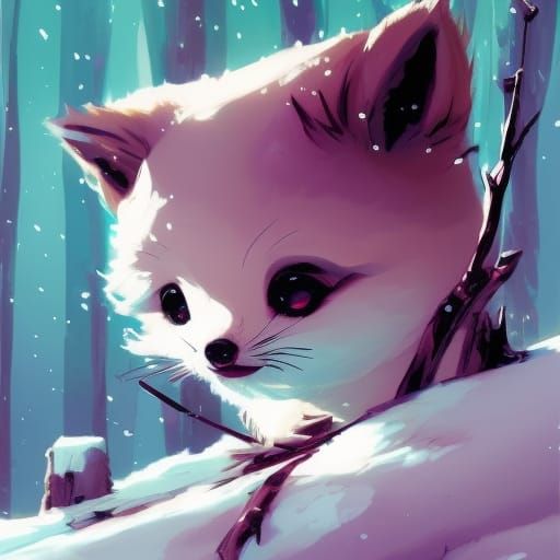 Fluffy Baby Snow Fox Portrait in Comic Art Style