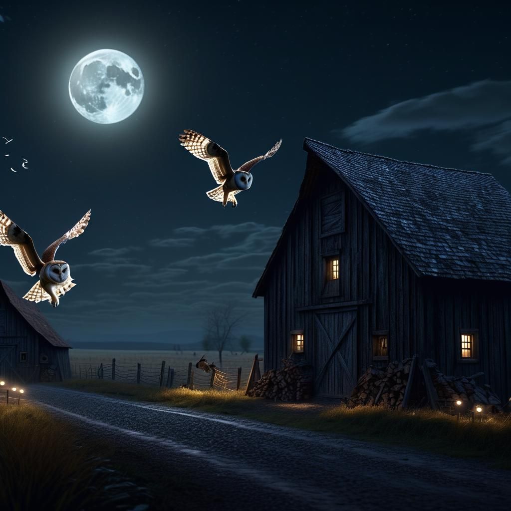 Owls Fly Under Moonlight in Digital Painting Style