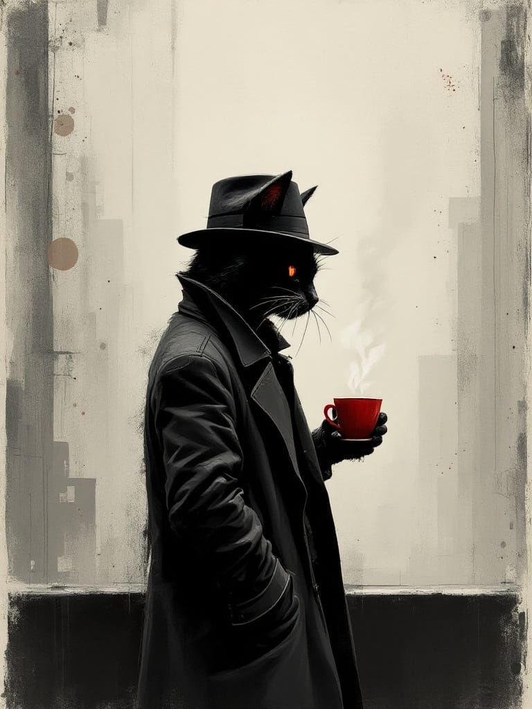 Noir Cat with Red Cup in Urban Setting