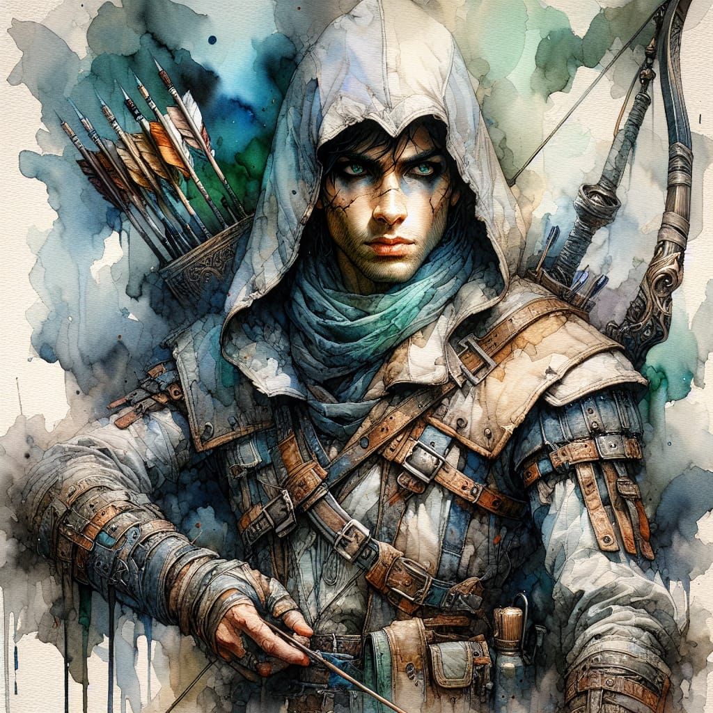 Gritty Assassin with Longbow, Watercolor Romanticism