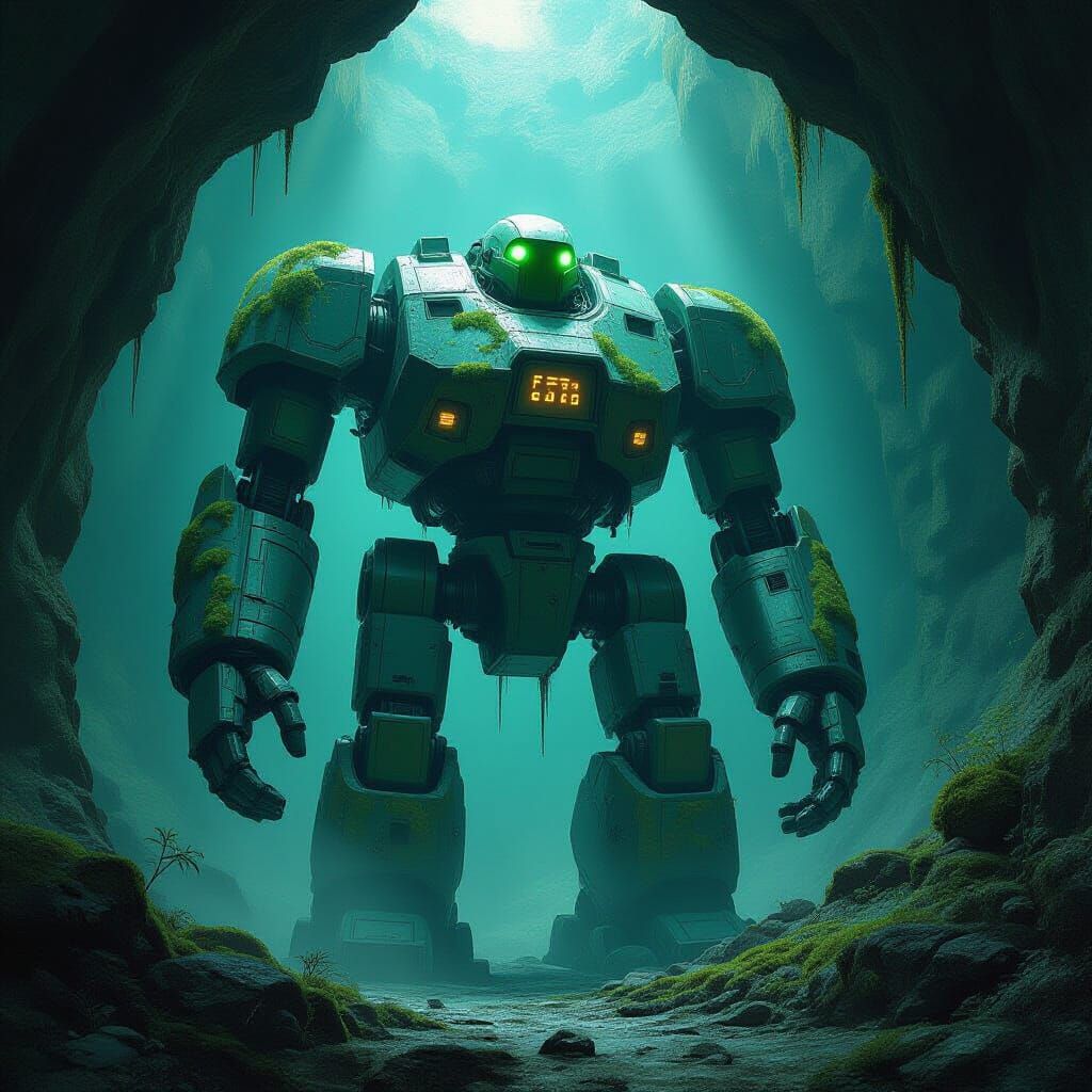 Colossal Ancient Robot in Subterranean Cavern