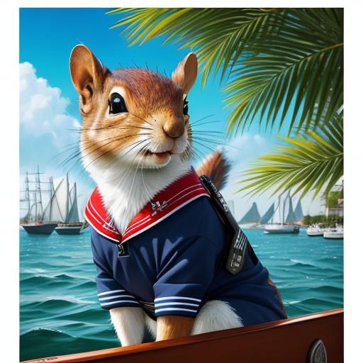 Squirrel in Sailor Suit on Boat: Hyperrealistic Art