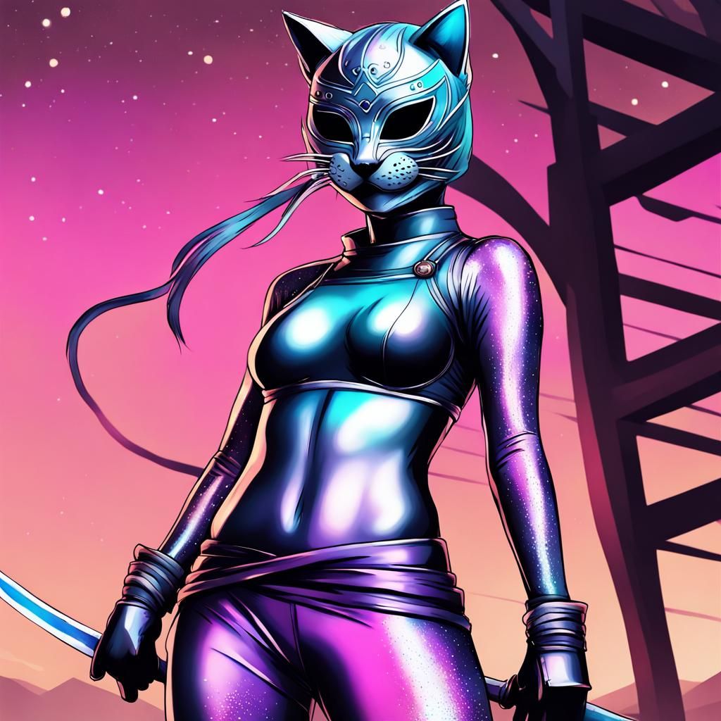 Galaxy Pastel Goth Ninja Cat in Anime Style