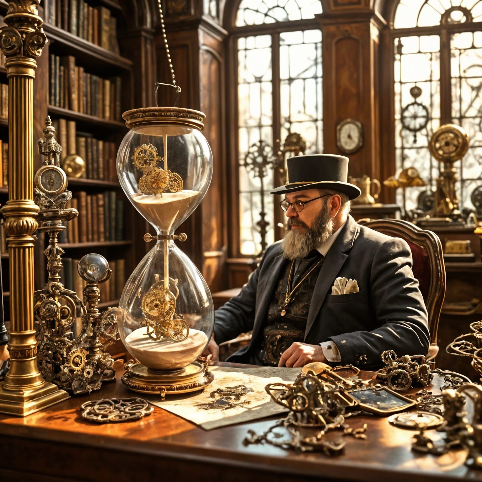 Steampunk Professor in Hourglass Library Scene