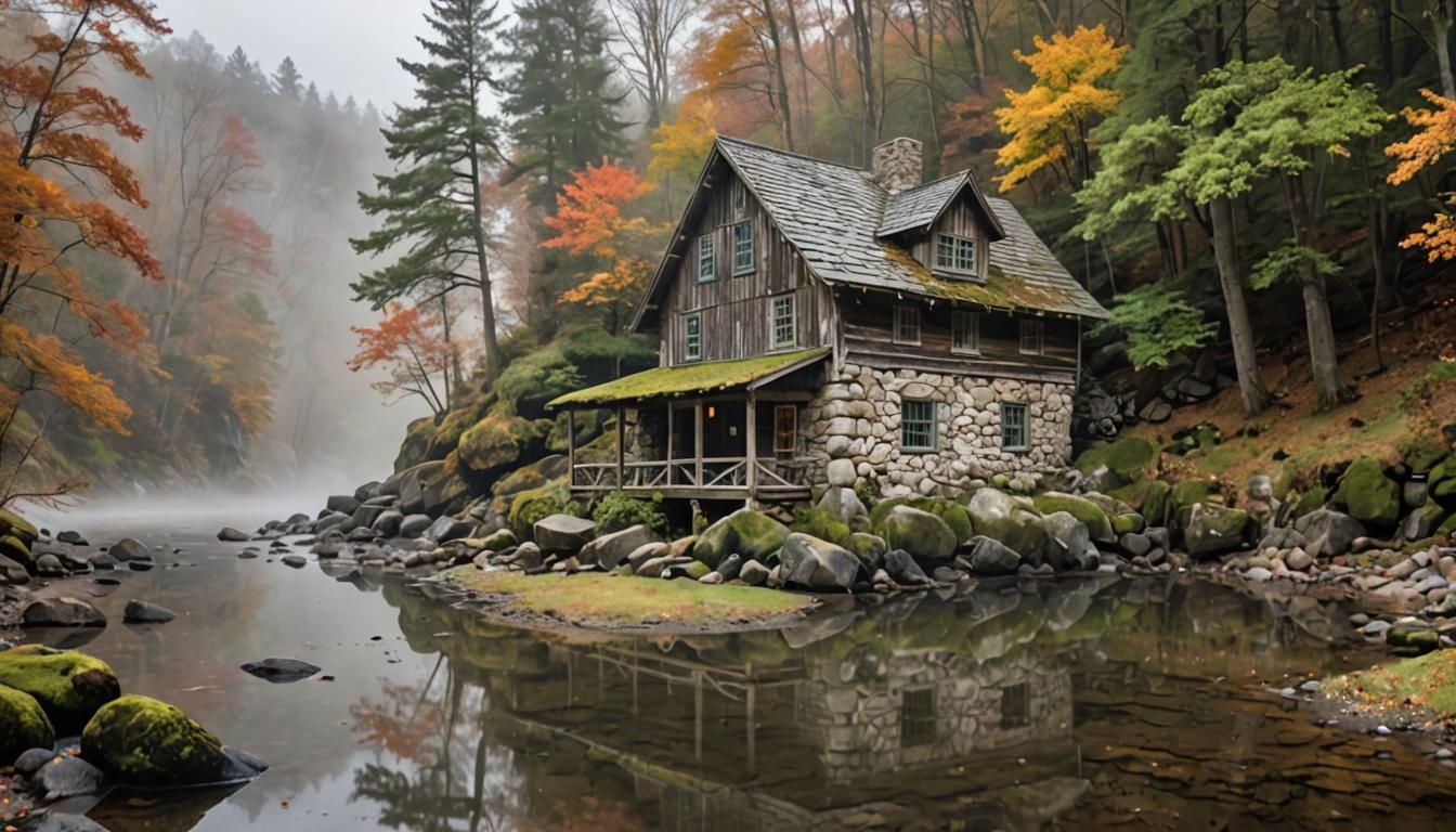 Old Stone Cabin in Foggy Autumn Landscape