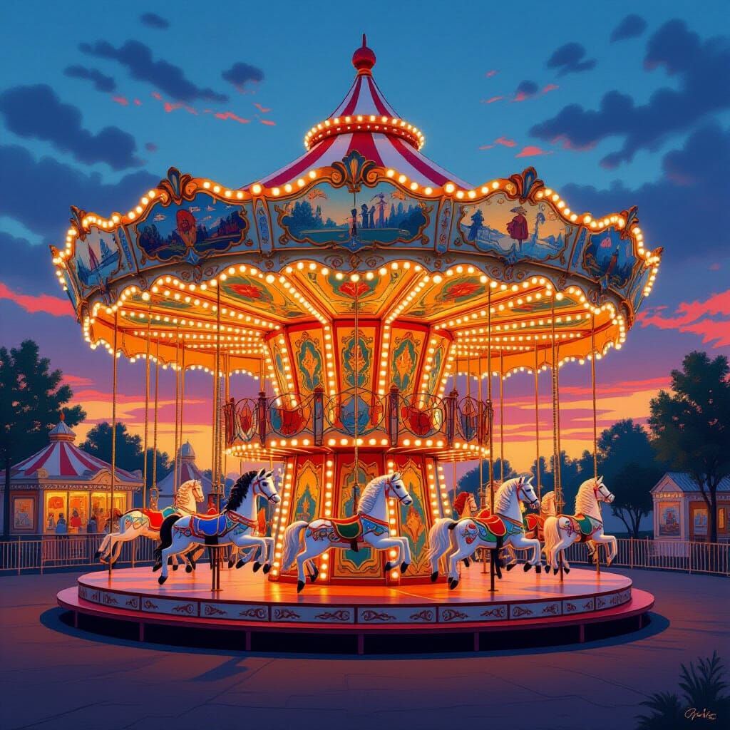 Whimsical Twilight Fairground Carousel in Art Deco Style