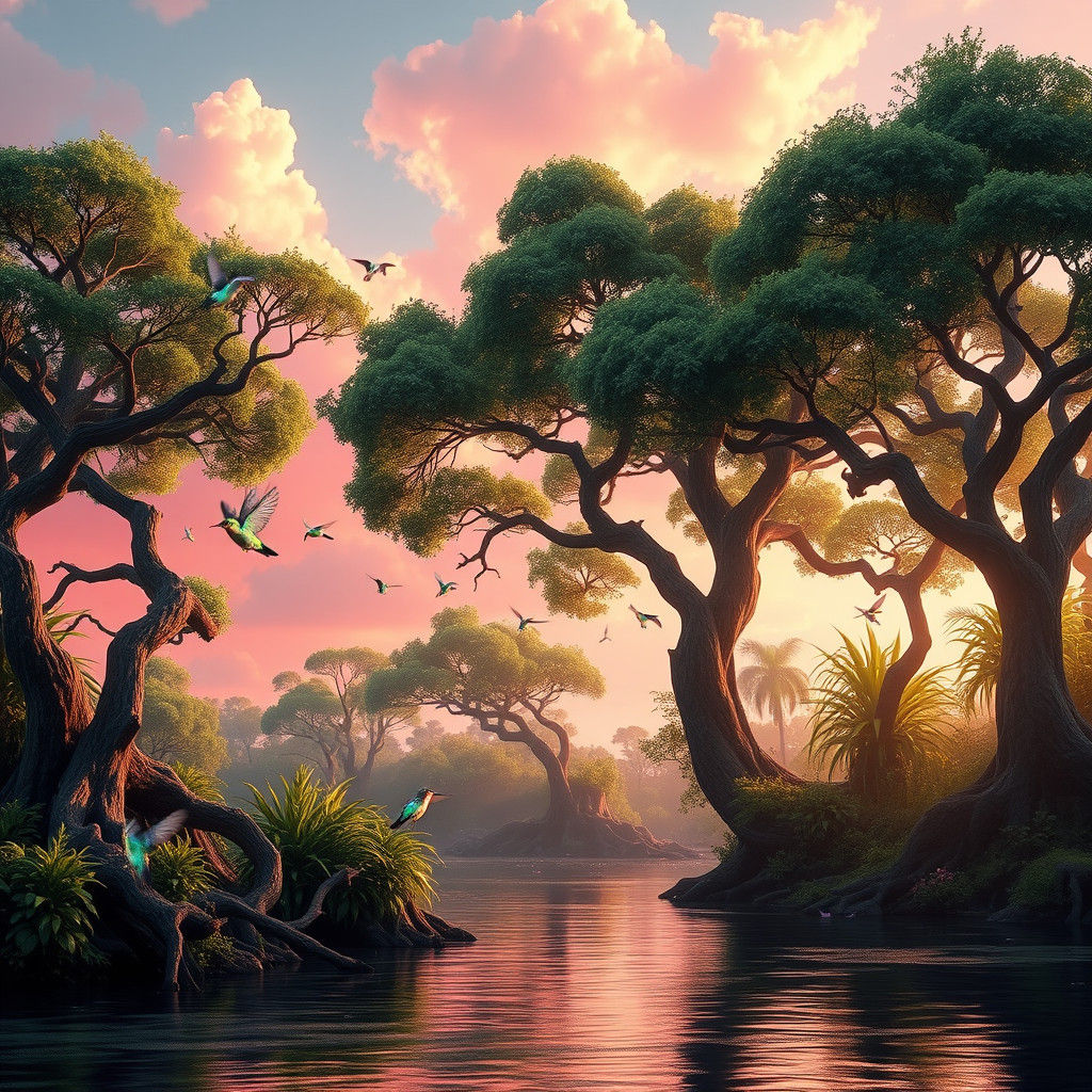Lush Riverbank Trees with Hummingbirds in Digital Art Style