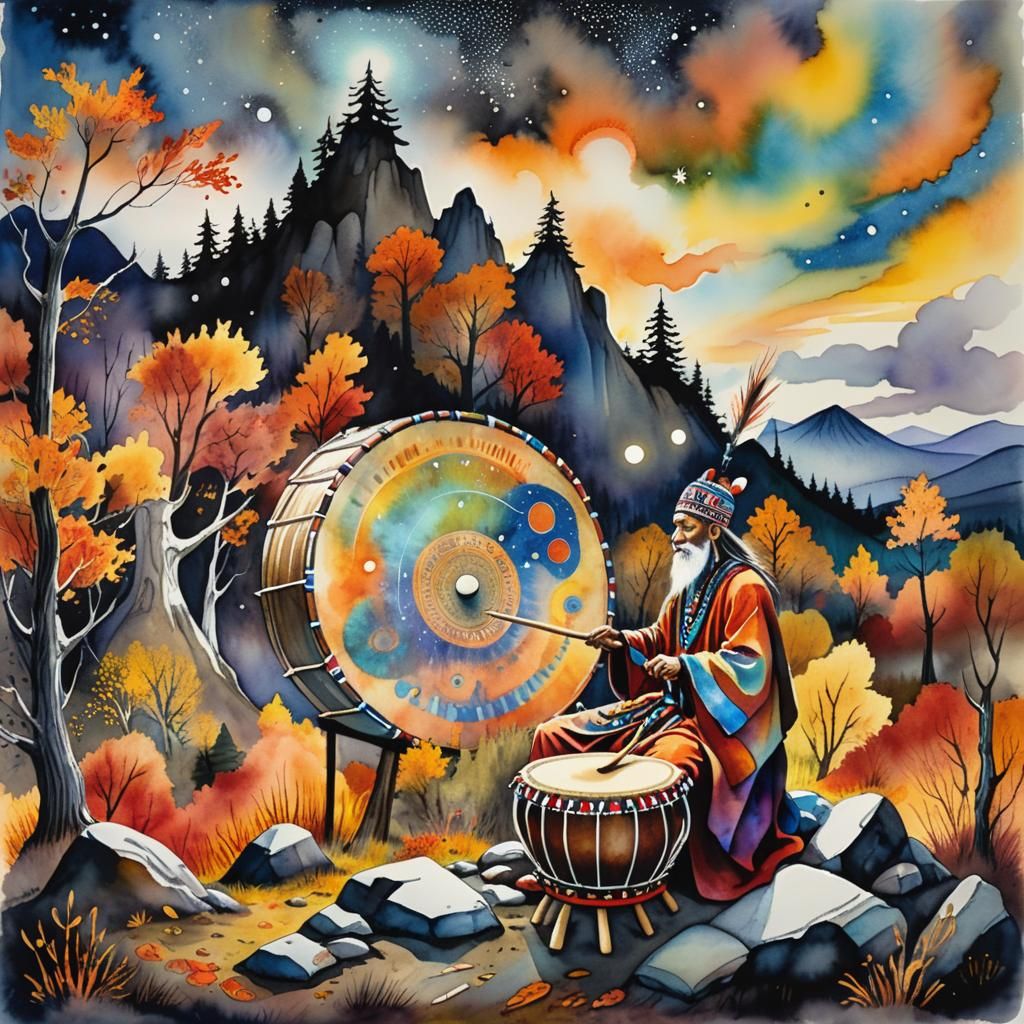 Shaman Drumming in Autumnal Landscape, Surreal Watercolor