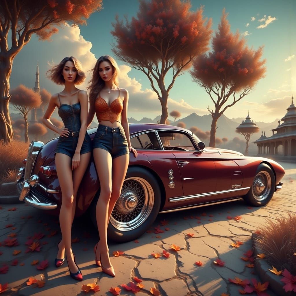 Sleek Women Stand Beside Chrome Wheels in Cyberpunk Aestheti...