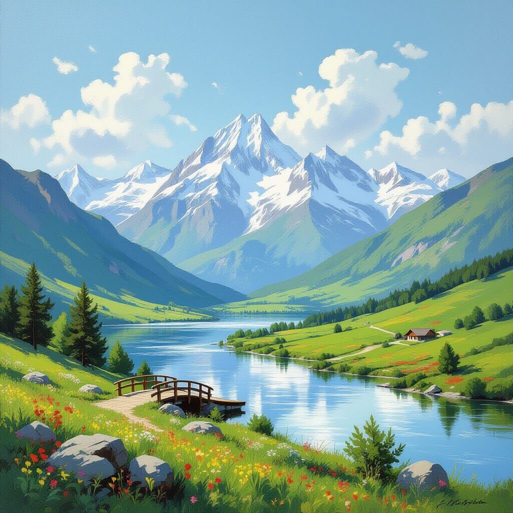 Snow-Capped Mountains and River Landscape in Impressionist S...