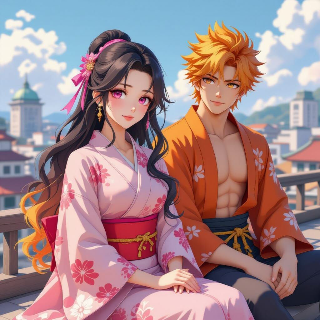 Anime-Style Rooftop Scene with Kimono-Clad Figures