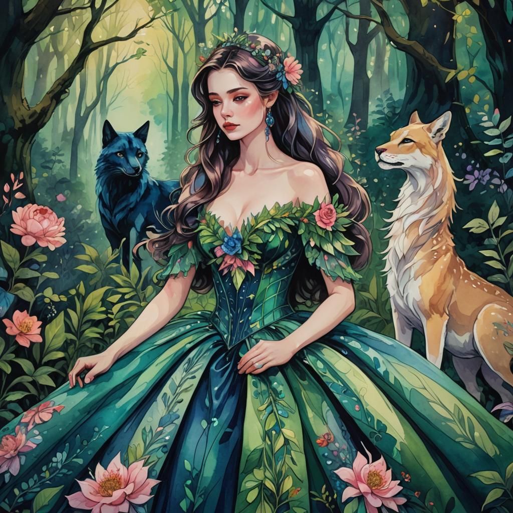 Beauty and Beast Cuddle in Enchanted Forest Ink Painting