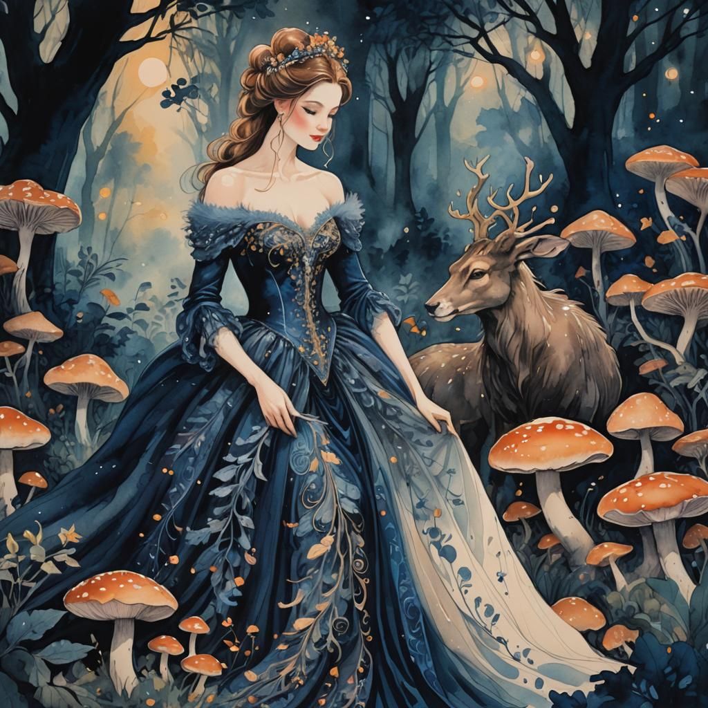 Beauty and the Beast in Ink Painting Style