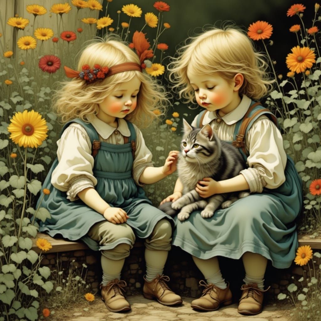 Toddler Siblings with Cat in Whimsical Garden