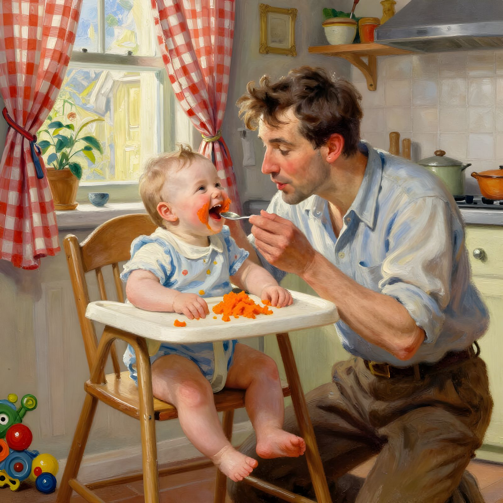 Father Feeding Baby in Sunlit Kitchen with Impasto Gouache S...