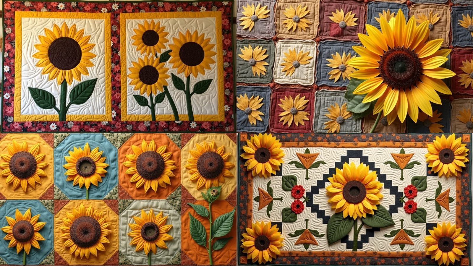 Country Patchwork Quilt with Sunflowers