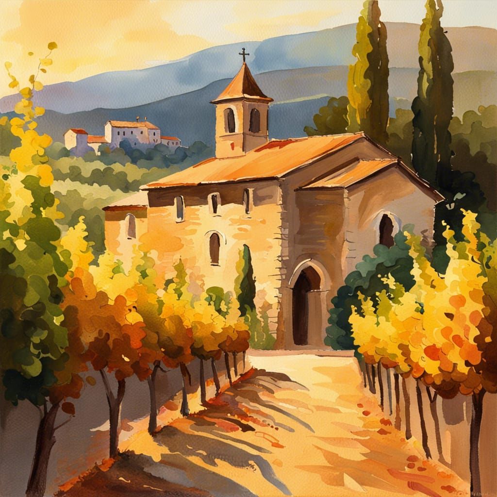 Vineyard Monastery in Golden Sunlight, Gouache Impressionism