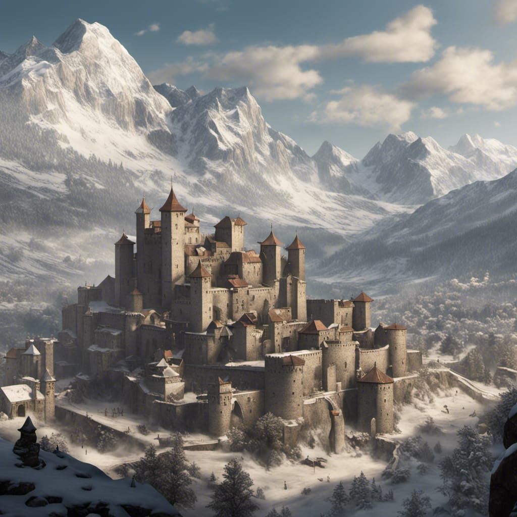 Medieval City in Mountain Landscape, Detailed Matte Painting