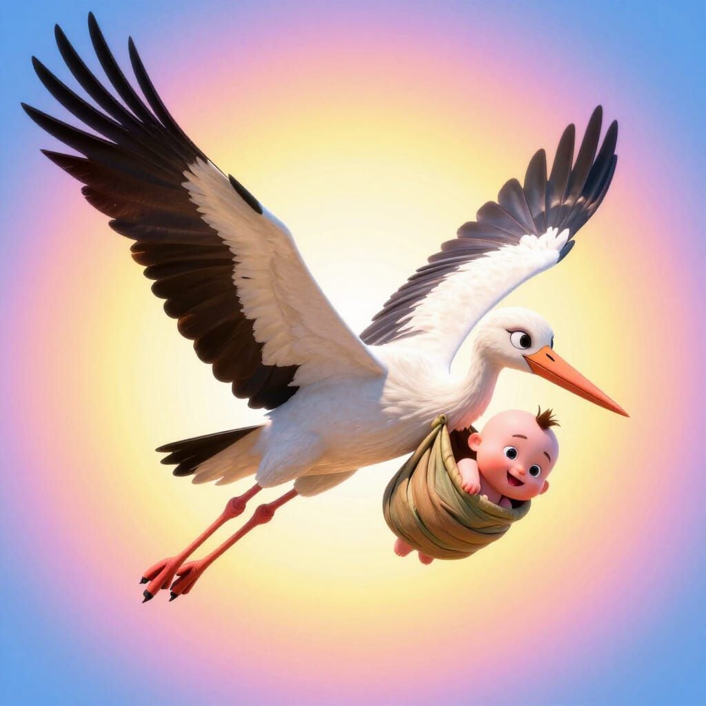 Stork Delivers Large Baby in Pixar-Style 3D Art