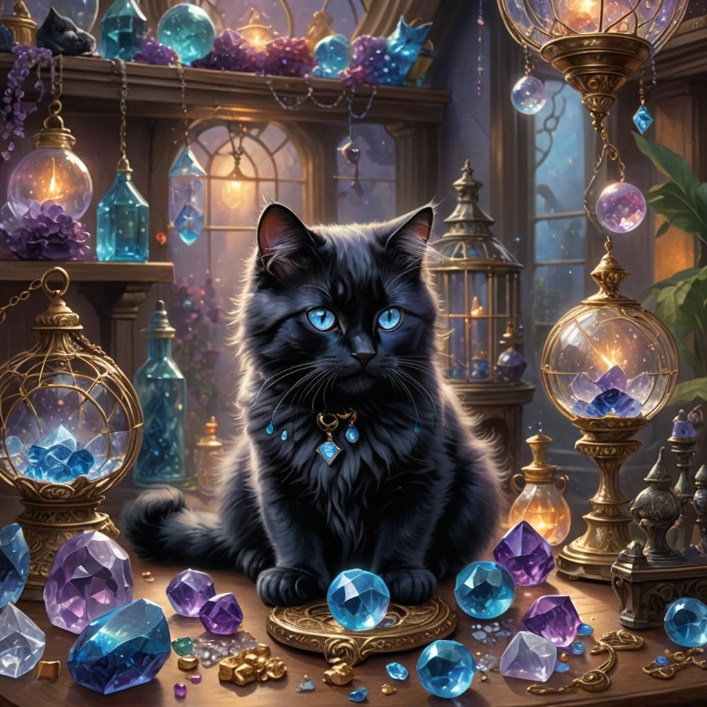 Fluffy Black Cat Plays With Light Orbs