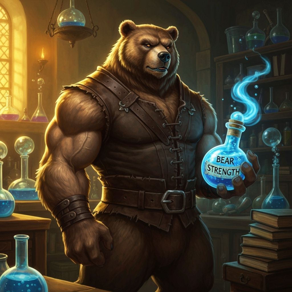 Muscular Bear Warrior Holds Glowing Potion