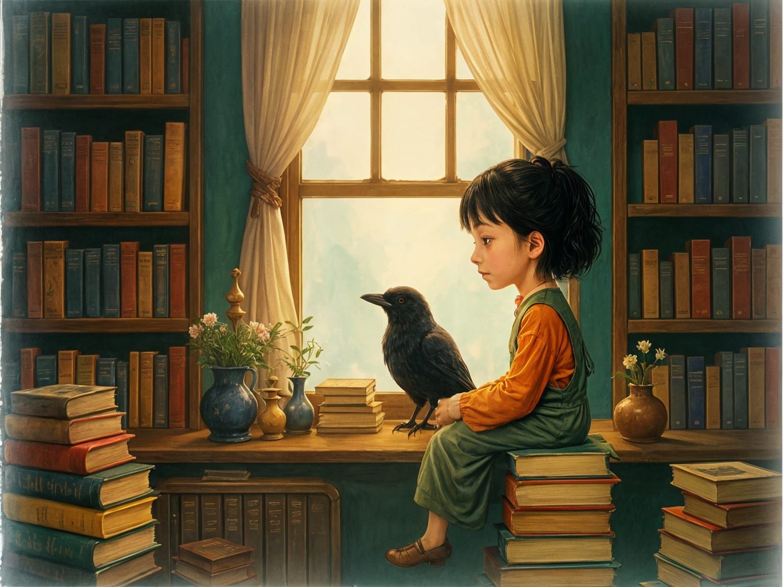 Whimsical Witch in Library: Watercolor Painting