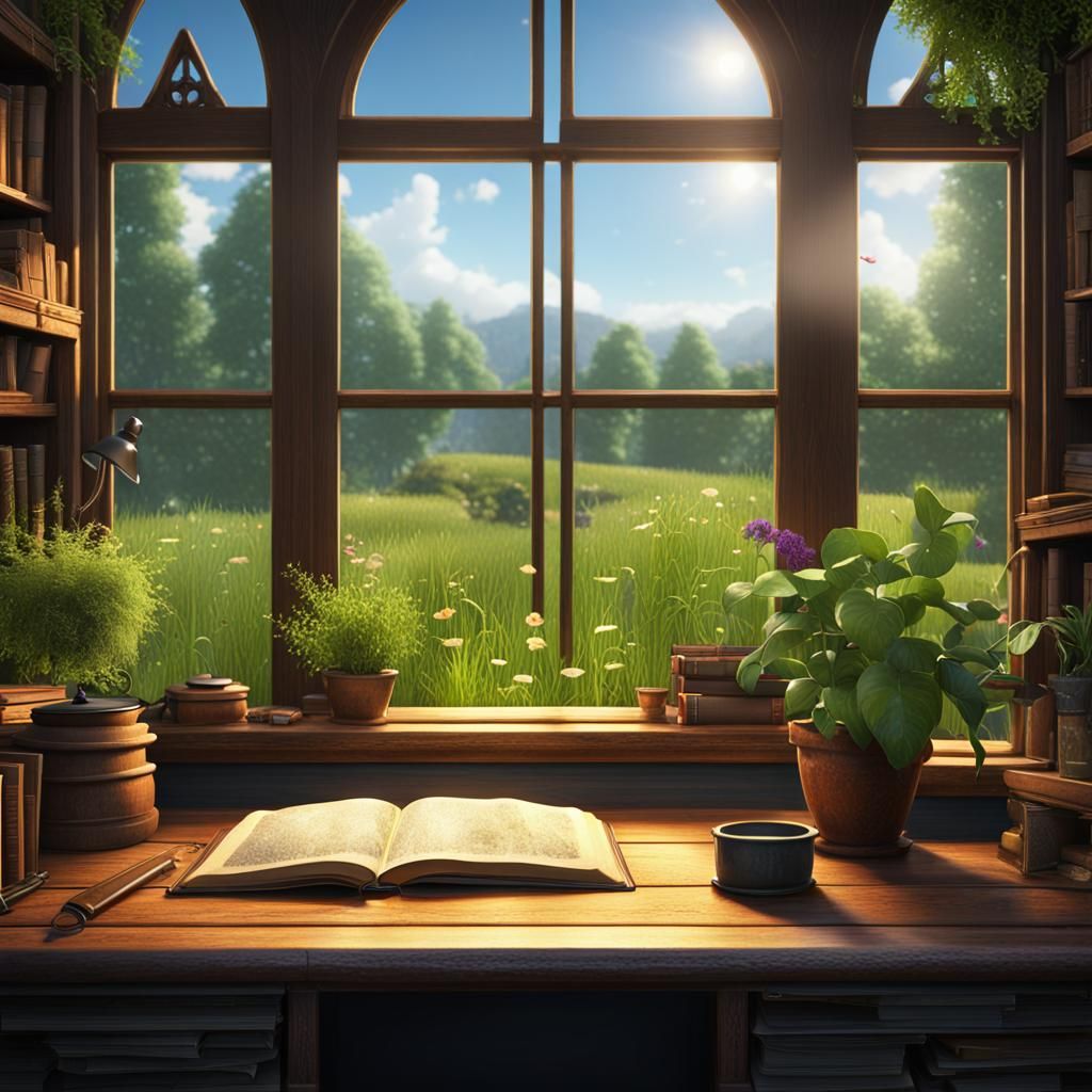 Desk with Meadow View in Detailed Matte Painting