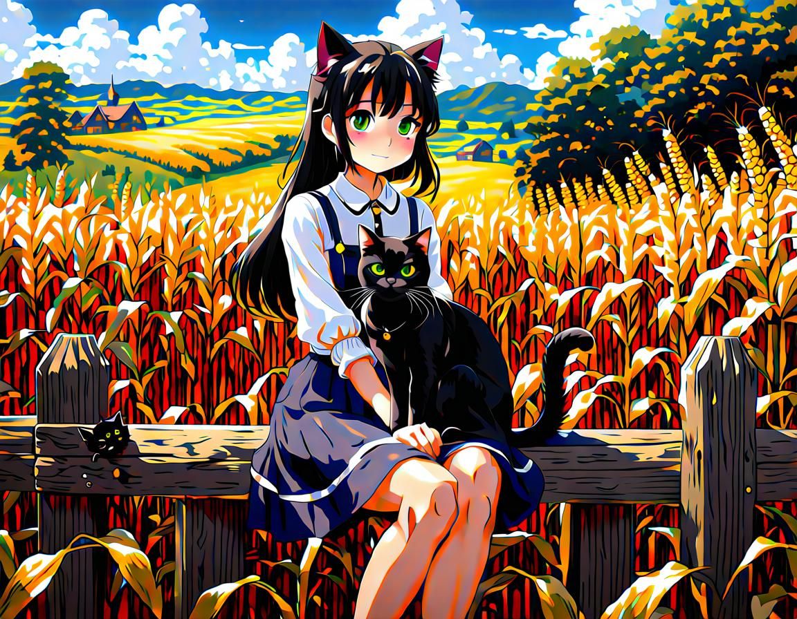 Girl and her Cat on the Farm 1