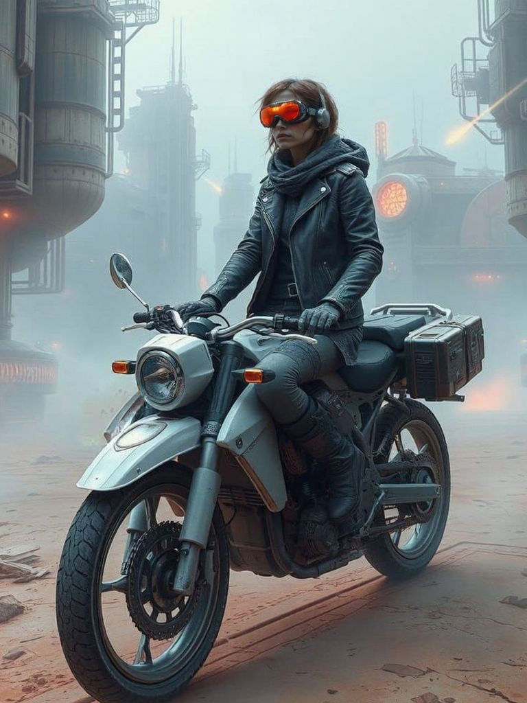 Ethereal Female Raypunk Nomad in Futuristic Mech Bike Scene