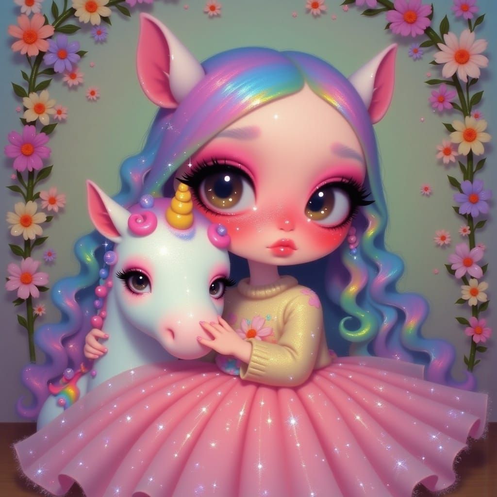 Pastel Rainbow Woman with Unicorn, Ethereal Art