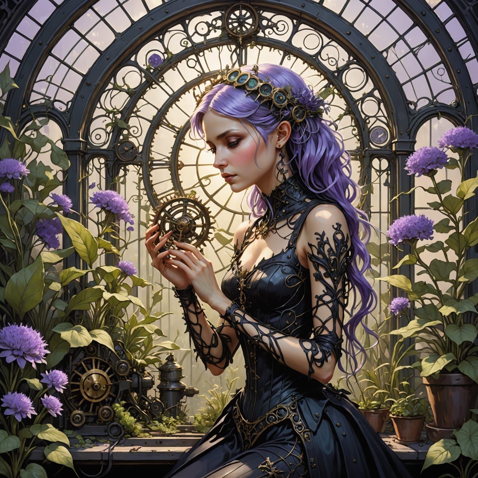 Gothic Greenhouse with Bioluminescent Plants in Art Nouveau ...