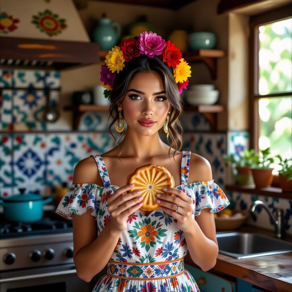 Woman in Talavera Kitchen with Concha, Hyperrealistic Art