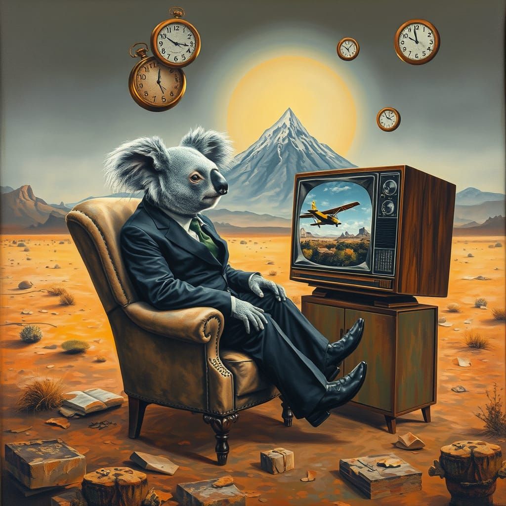 Koala in Suit Watches Airplane: Surreal Desert Scene