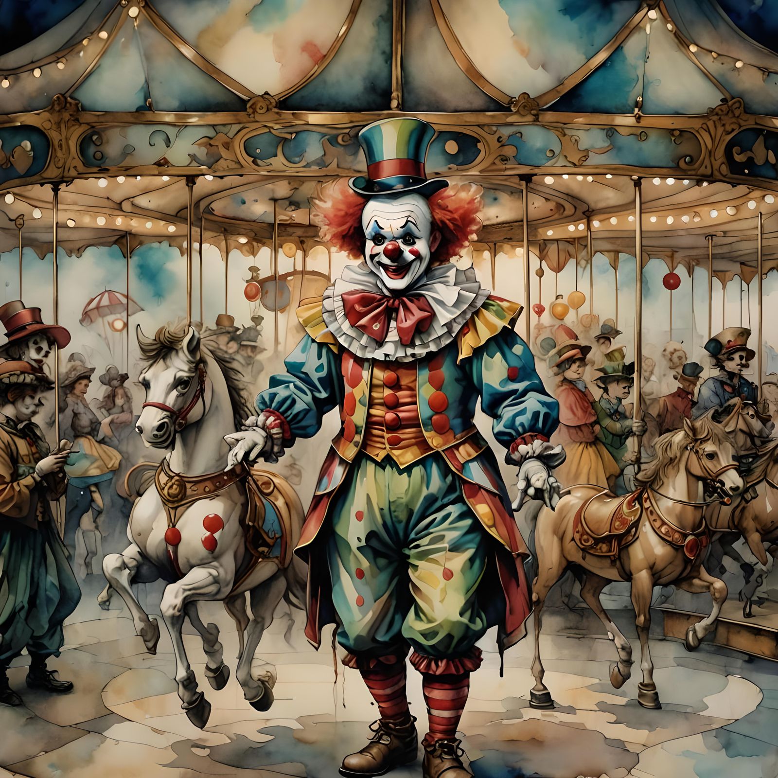 Beautiful nostalgic scene, Clown,  carousel, whimsical,   Fa...
