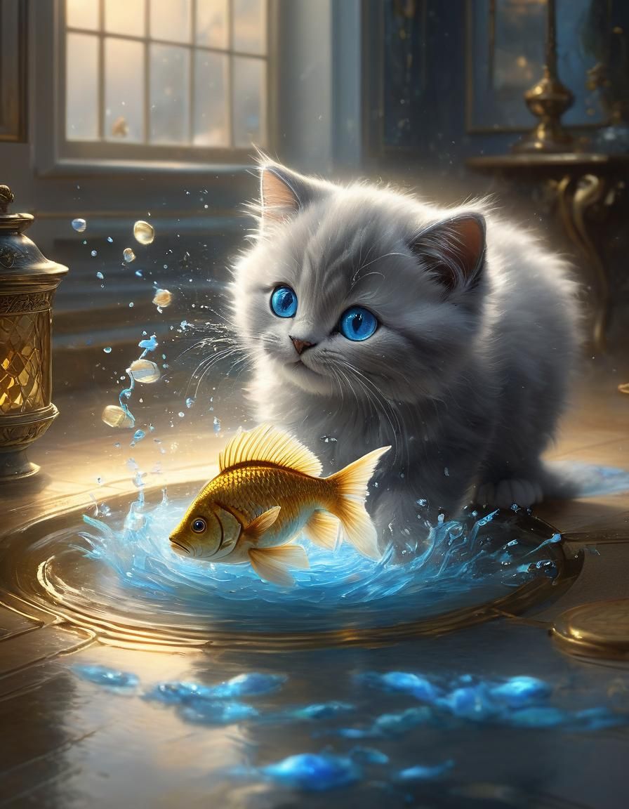 Whimsical Kitten and Golden Fish Fantasy Illustration