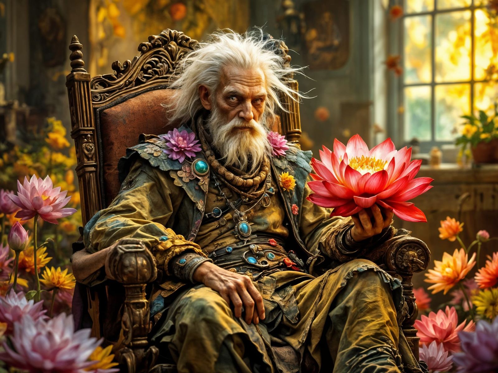 Extraterrestrial Botanist Surrounded by Lotus Flowers