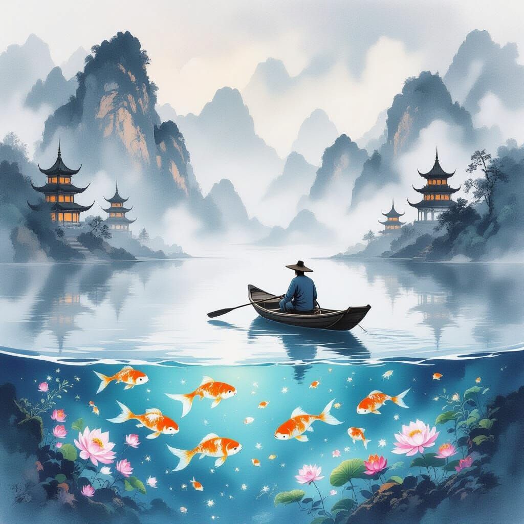 Mystical Chinese Watercolor: Fisherman in Misty Realm