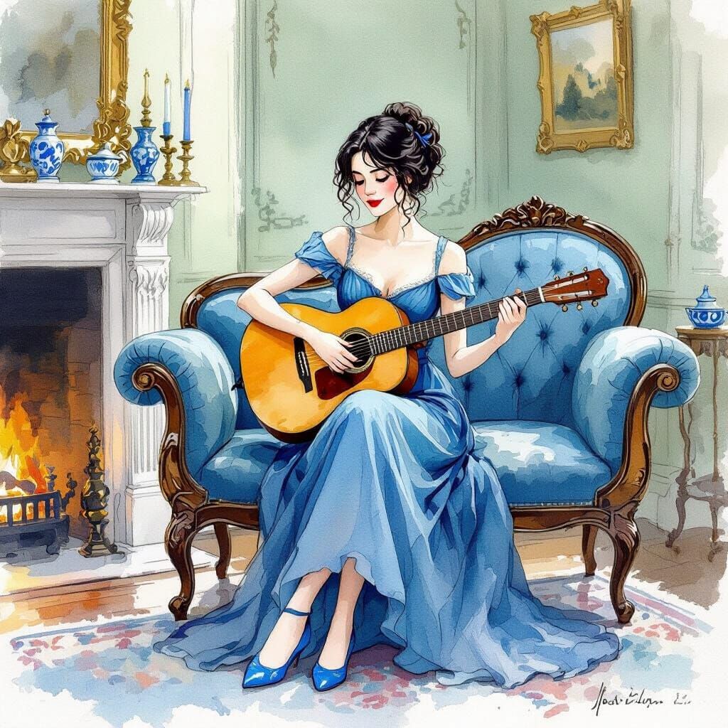 Victorian Lady Plays Guitar in Watercolor Style