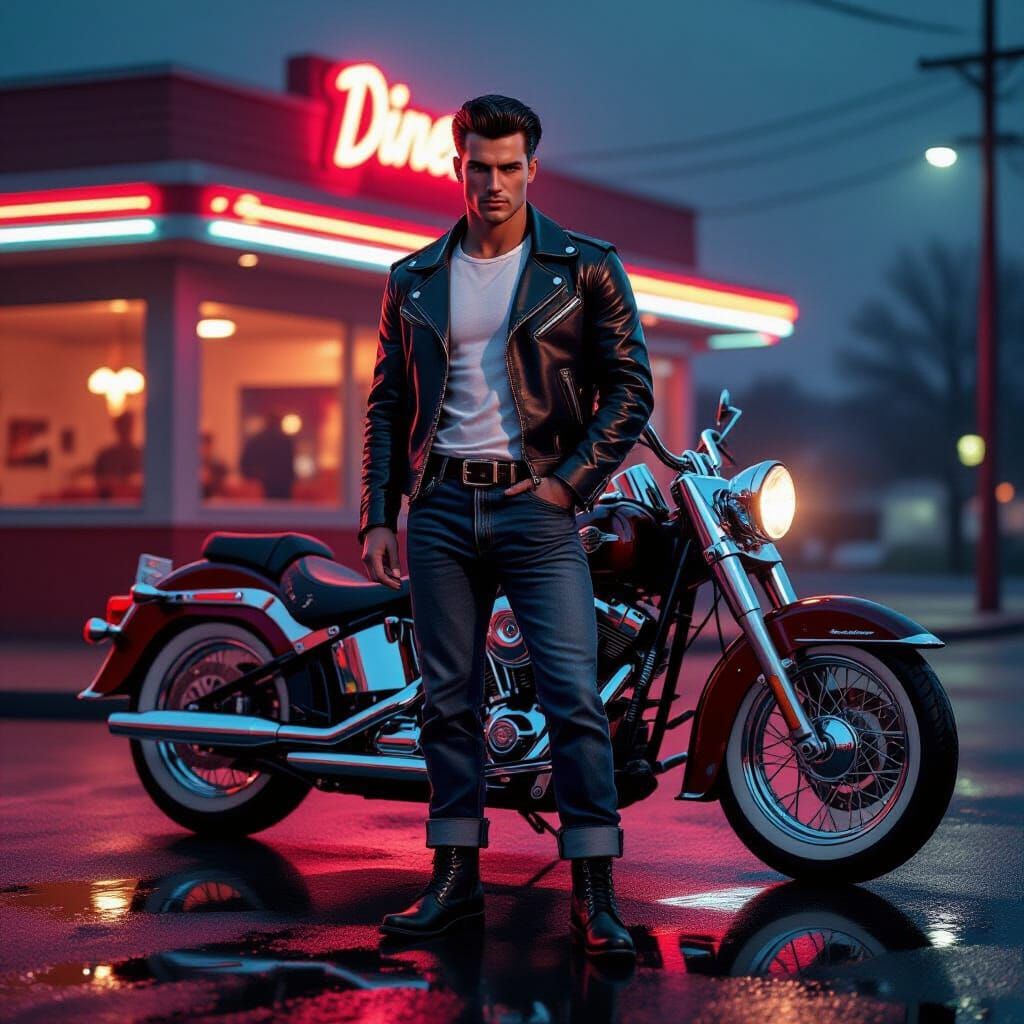 1950s Greaser Portrait in Retro Neon Style