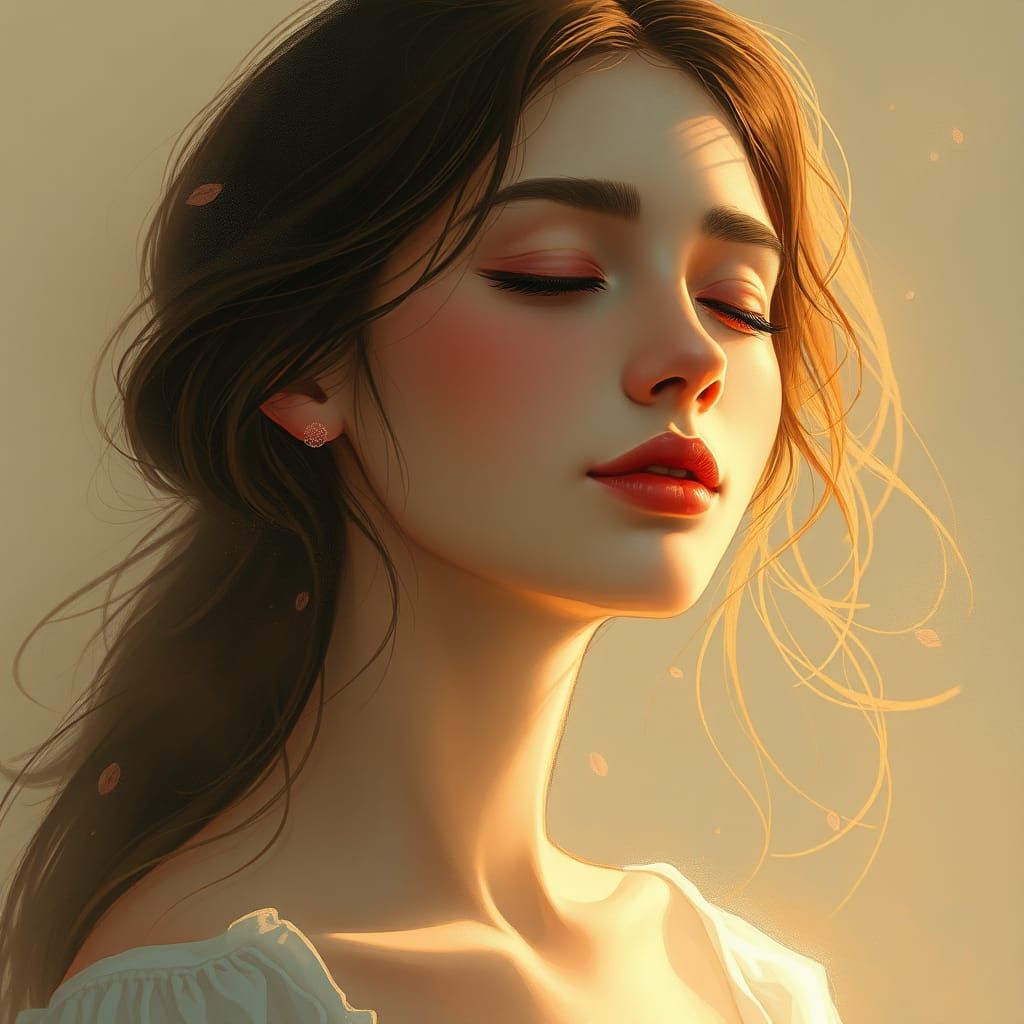 Serene Woman in Golden Light: A Dreamy Digital Painting