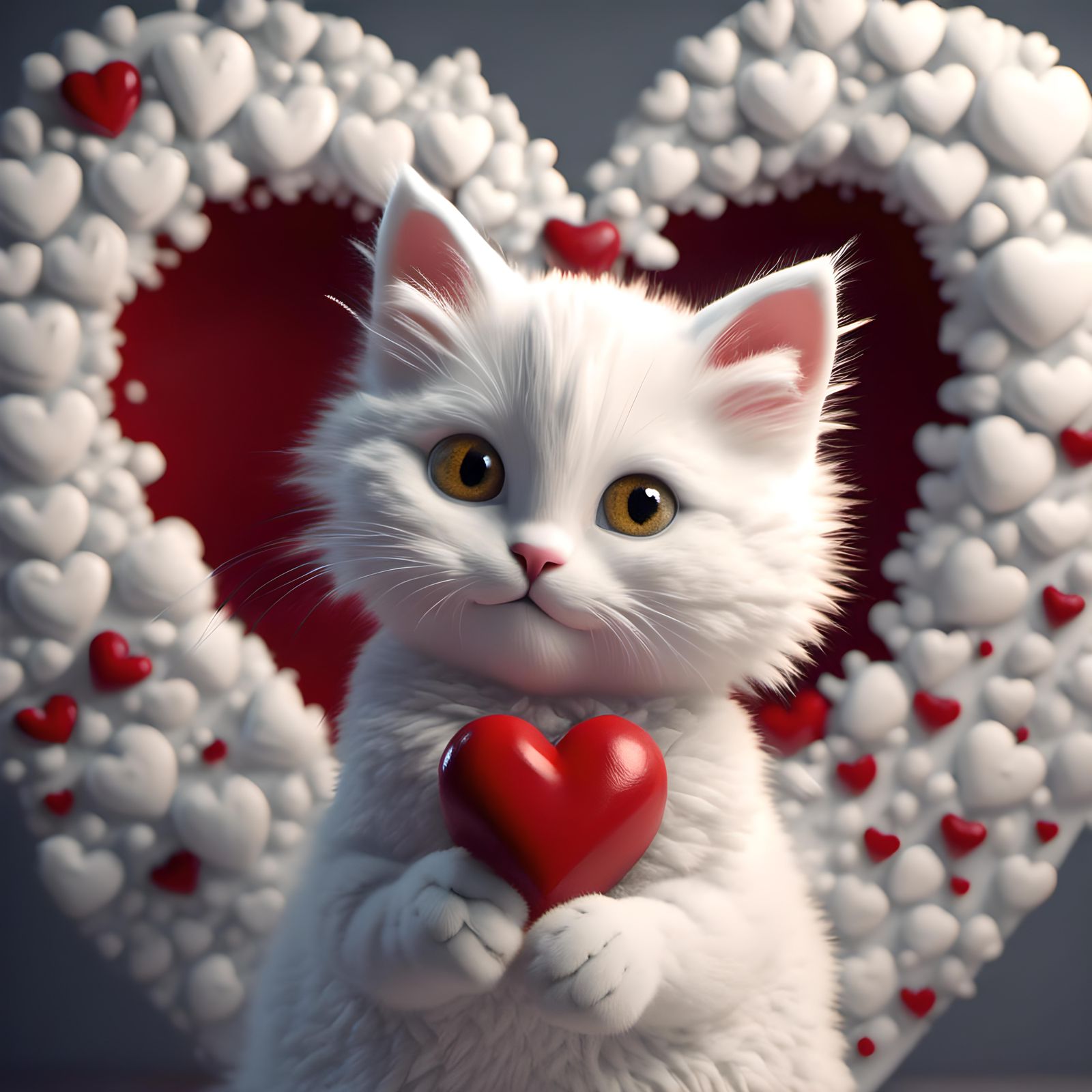 Fuzzy White Cat Wrapped Around Heart in 8K