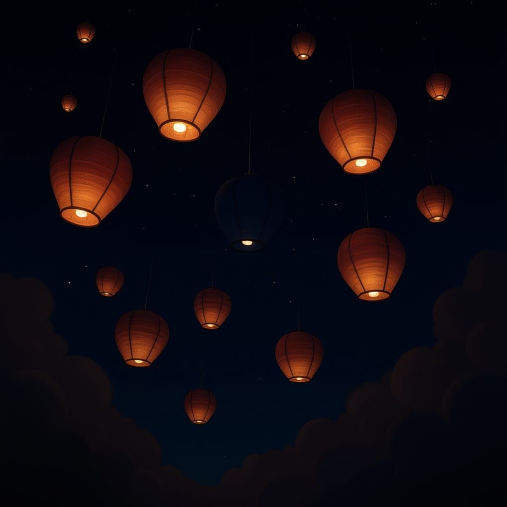 Pixar Style Paper Lanterns Ascending to Stars