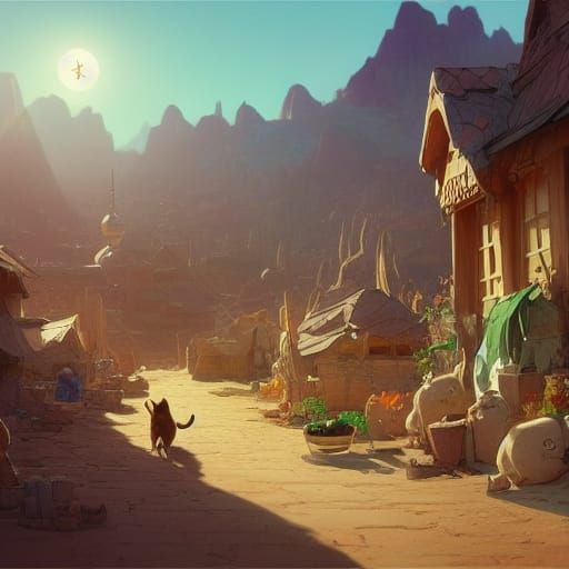 Adorable Cat Village in Desert, Kawaii Concept Art