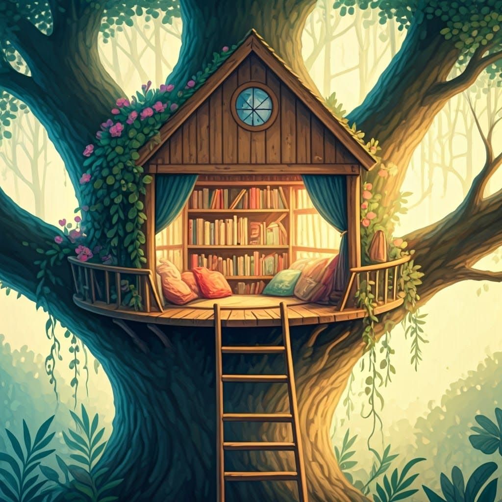 Whimsical Library Amidst the Treetops